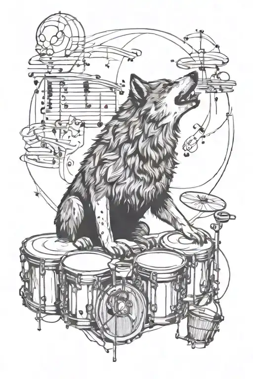 A Wolf Made Out Of Musical Instruments Howling At A Moon Made Of Drums
