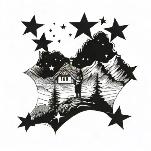 A Black Mountain With A Child Gazing At Four Stars