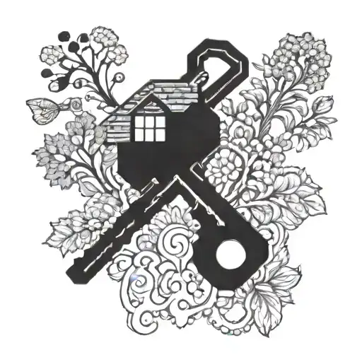 A Blackwork Tattoo Of A Real Estate Key With Intricate Nature Elements Incorporated