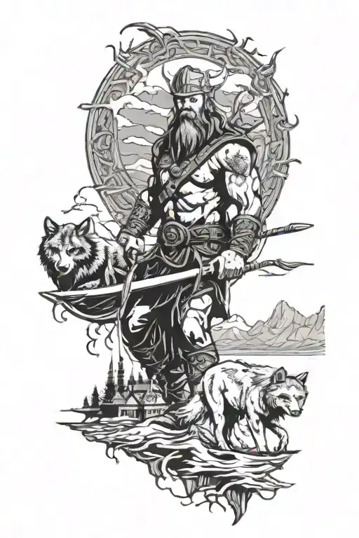 Viking With Wolves In The Port With The Village And Mountains In The Background