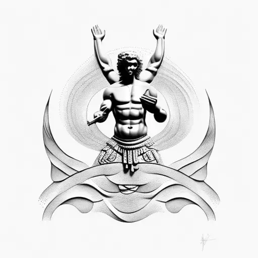 Fullybody Greek Statue In Ikarus Pose With Modern Wavy Background