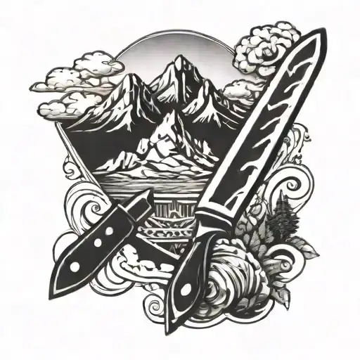 A Tattoo Design Combining A Chef's Knife And A Mountain Range