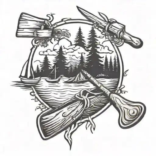 A Wood Chopping Axe Morphing Into A Boat Paddle Surrounded By Nature Elements