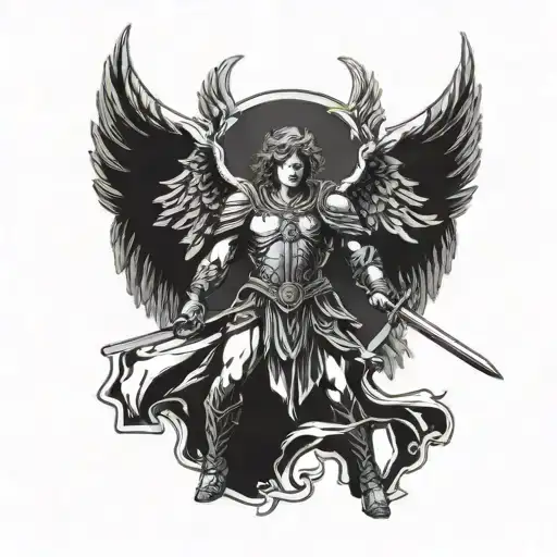 Archangel Michael Holding Sword Into Ground With Wings Spread Out