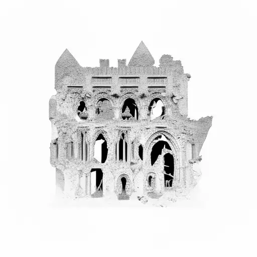 Crumbling Gothic Ruins Floating With A Skeleton Smoking