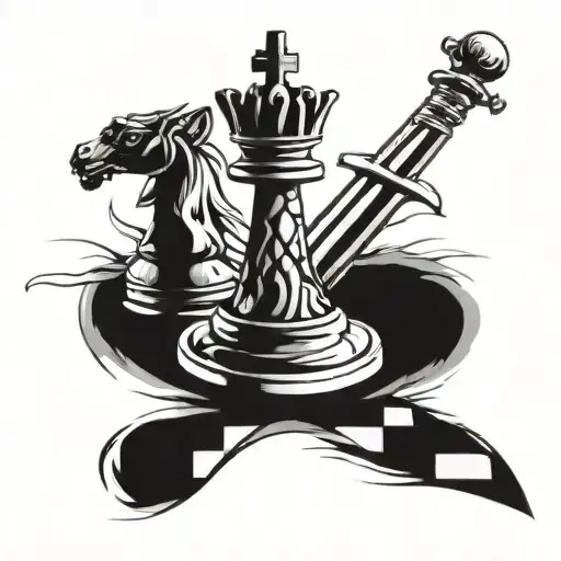 A Piece Of A King In Chess And A Sword Behind The Piece