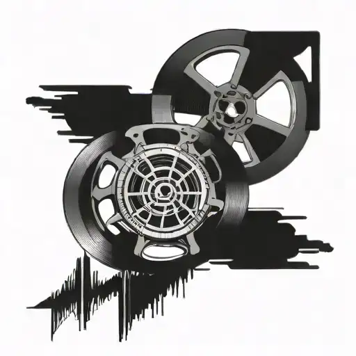 Create A Black And Grey Tattoo Of A Film Reel With Armenian Script Weaving Through It