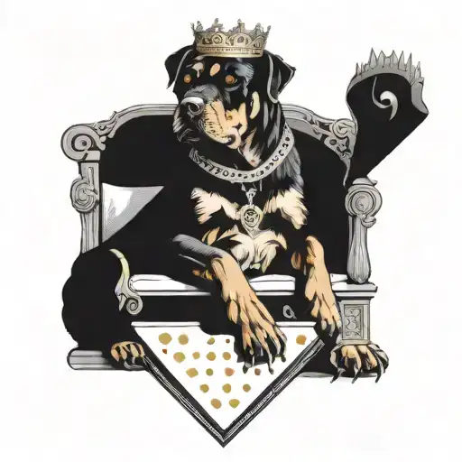 A Rottweiler Wearing A Crown And Sitting On A Throne Made Of Playing Cards