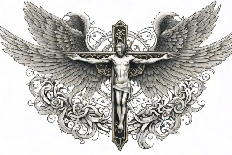 Psalm 91 With Crucifix And Angel Wings Spread Wide