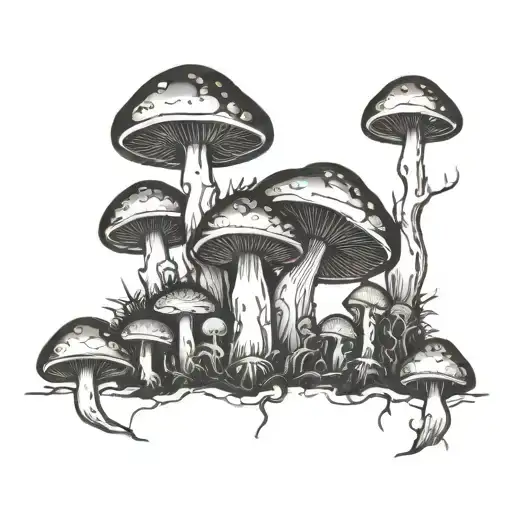 A Blackwork Tattoo Of A Mushroom Forest With Hidden Skull Shapes Scattered Throughout