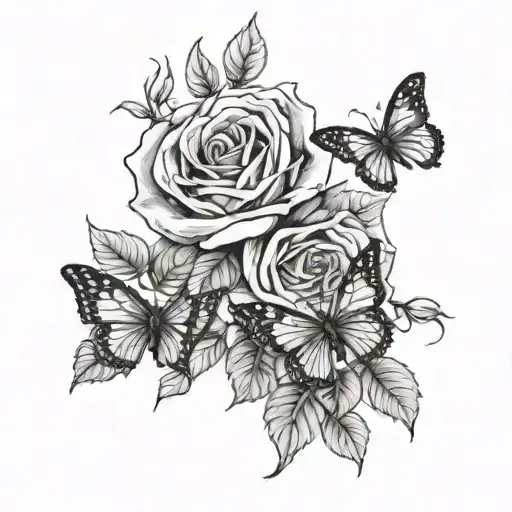 Large Rose With Three Butterflies And Thorns