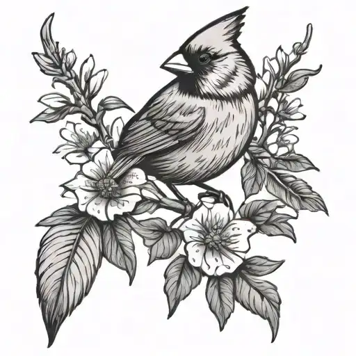Cardinal On A Branch With Flowers