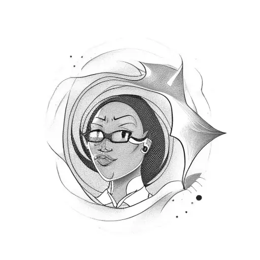 A Blackwork Tattoo Of A Fierce Black Lesbian Lawyer With A Drawing Pencil As A Wand