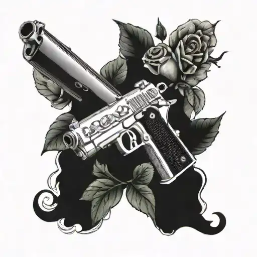 A Pistol M1911 With A Silencer Covered Around With Rose Growing