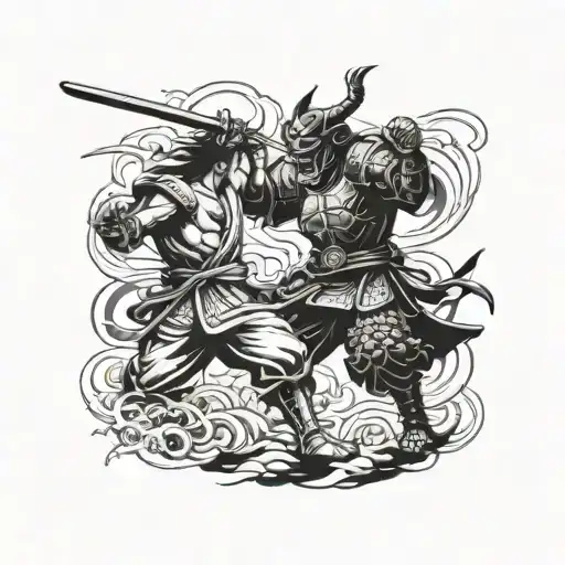 A Samurai Warrior Battling A Demon In A Fierce Anime-inspired Fight Scene