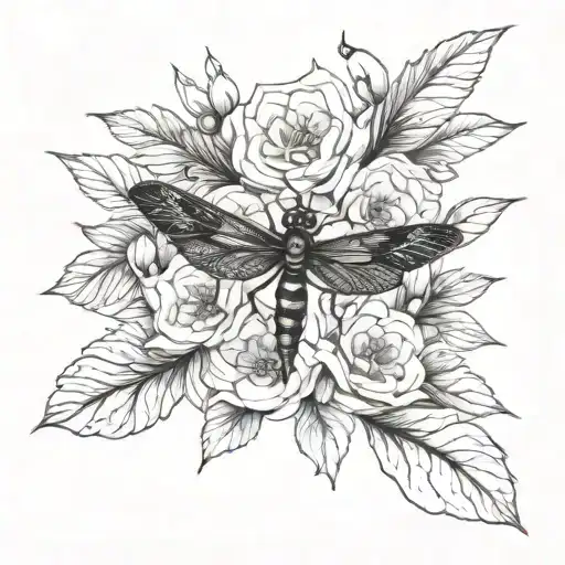 Flowers With Two Bands And Dragonfly