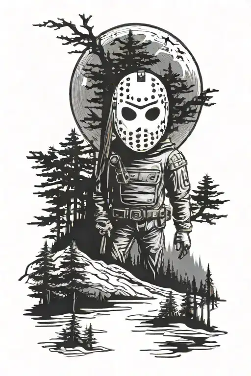 Jason Voorhees Standing In Background Of Forest With Moon