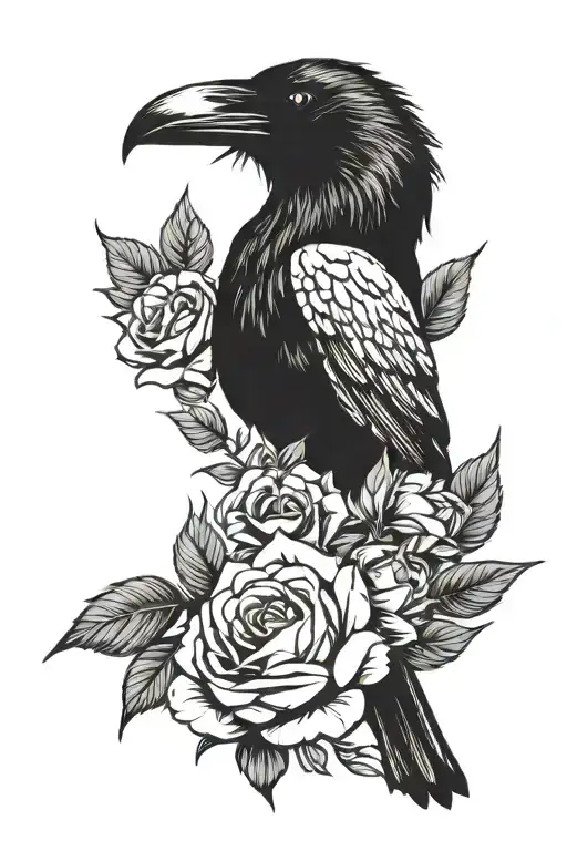 Raven Neck And Head Surrounded With White Roses Blooming