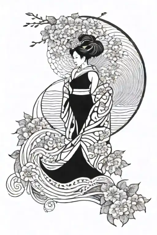 Japanese Geisha Waves And Flower Large Black Leaves Full Back