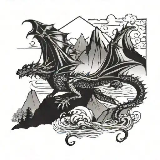 A Mystical Dragon Flying Over A Mountain River With A Boy And Girl Watching In Awe