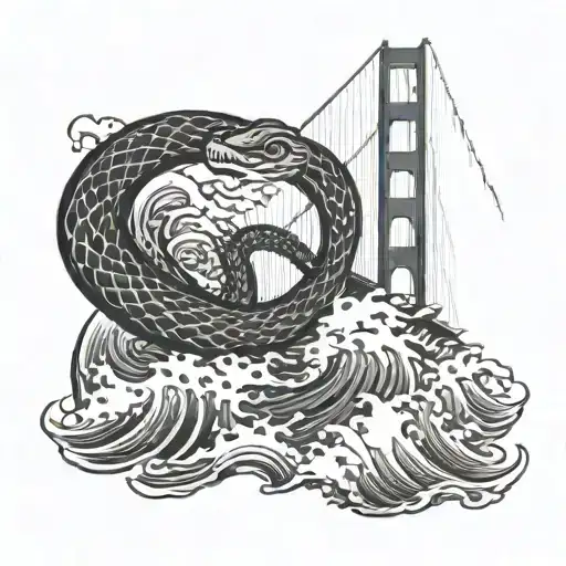Traditional Asian Snake Wrapped Around The Golden Gate Bridge With Big Waves Crashing