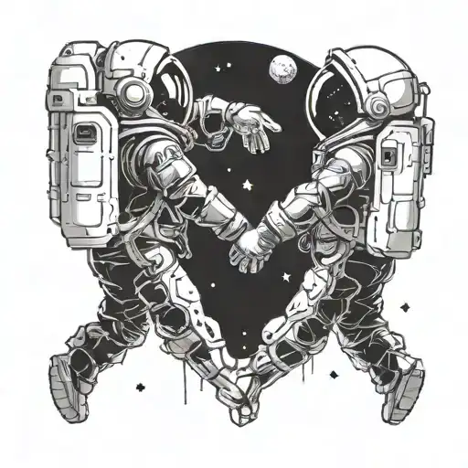 Little Astronauts Looking At Each Other Floating And Almost Touching Hands Reaching Out