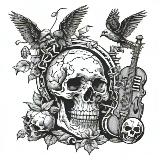 Wildlife Creatures Playing Musical Instruments Around A Skull Centerpiece