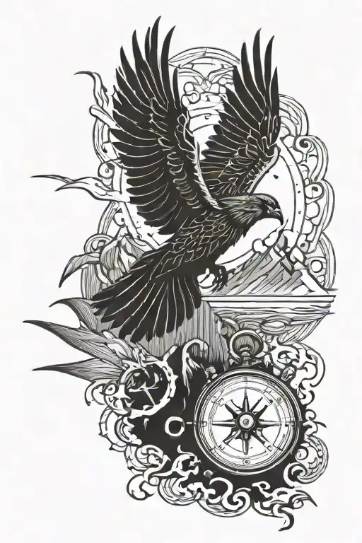 A Phoenix Bird Flying Over A Mountain Range With A Compass In Its Talons