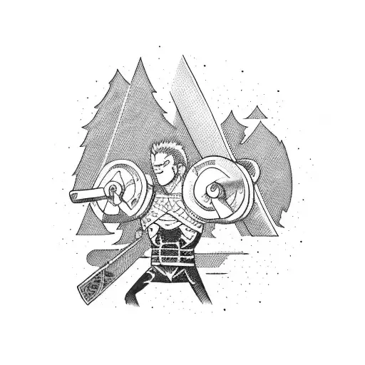 A Blackwork Tattoo Of Chainsaw Man And Berserk Characters In A Weightlifting Pose