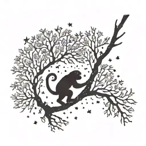 A Silhouette Of A Monkey Swinging From A Tree Branch Under A Starry Night Sky