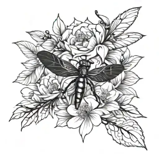 Flowers With Two Bands And Dragonfly