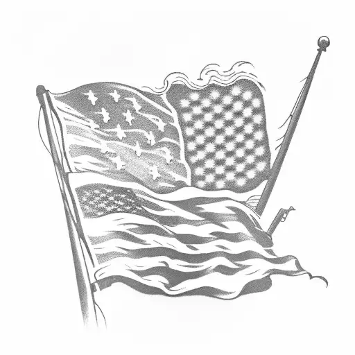 A Silhouette Of A Jeep Driving Into The Sunset With The American Flag Waving In The Background