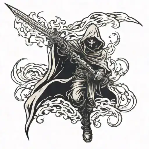 A Dark And Eerie Scene Of A Cloaked Figure Holding A Flaming Sword