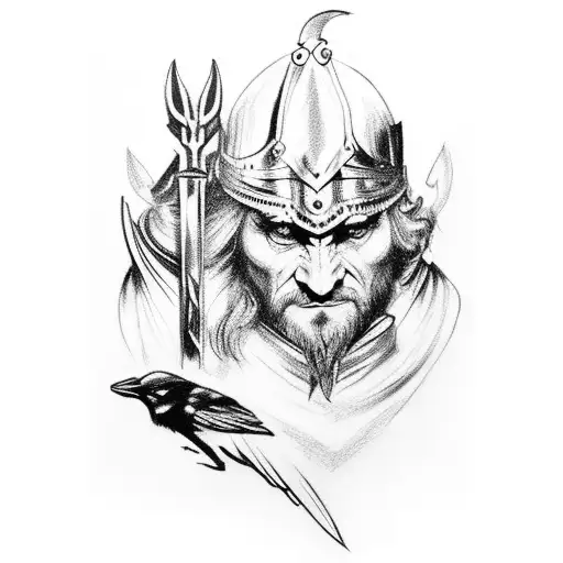 Draw The Mythological Character Odin And His Crows As A Black Tattoo Covering My Left Arm