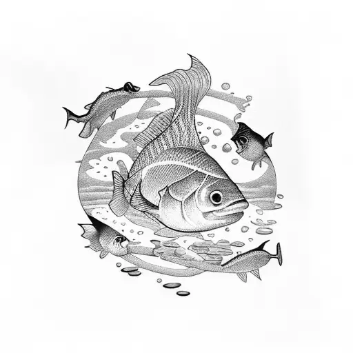 An Intricately Detailed Blackwork Tattoo Of A School Of Fish Swimming Among Aquatic Plants