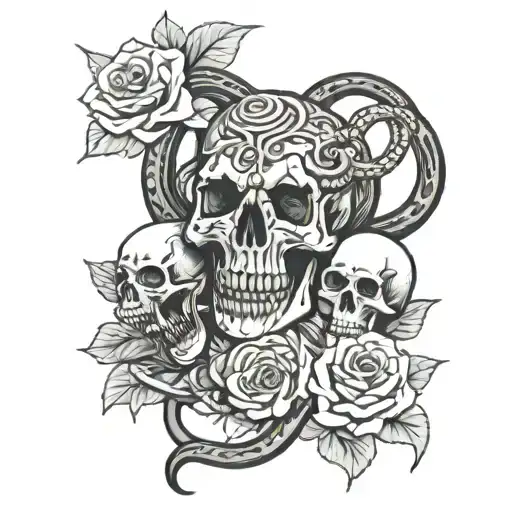Half Sleeve Of A Snakes Intertwining Around A Bunch Of Skulls And Roses In A Creepy Dark Background