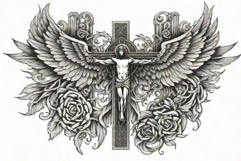 Psalm 91 With Crucifix And Angel Wings Spread Wide