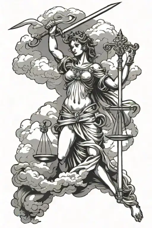Lady Justice With Sword And Scale With Clouds Behind