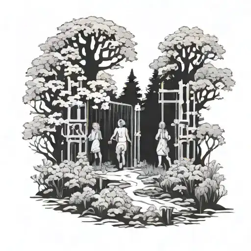 Three People Walking Through A Dense Forest Opening Up To The Gates Of Heaven