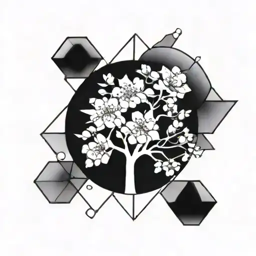 Incorporate A Japanese Cherry Blossom Tree With Geometric Shapes Representing Different Charities