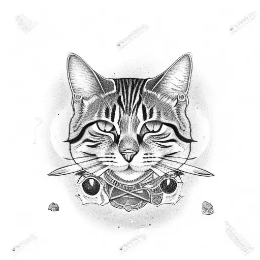Brown Tabby Cat Sitting Next To Skull With Peace Of