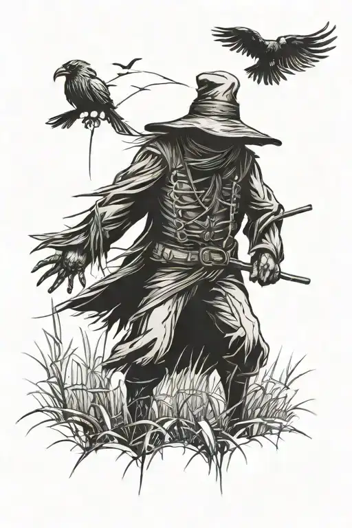 Scarecrow In A Field With A Big Crow Flying