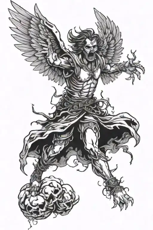 A Man With Angry Face With Wings Flying Up The Seven Scary Worlds