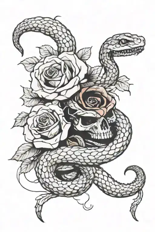 Snake Wrapped Loosely With Rose In The Middle And Part Of Snake Skeleton Showing