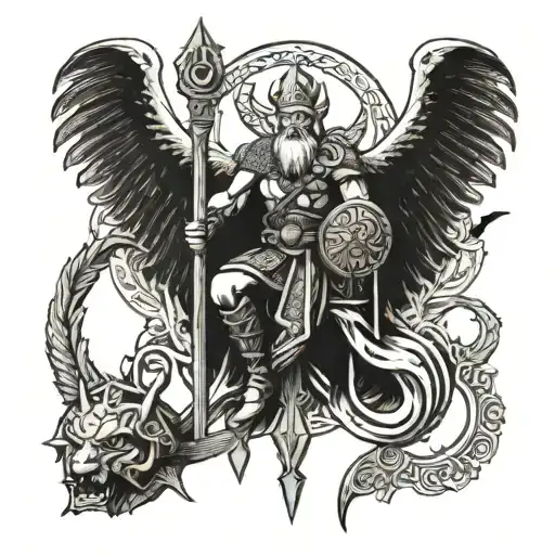 A Leg Tattoo With Viking Gods With Odin On Top Loki And Thor Frigg Freyja And Baldur
