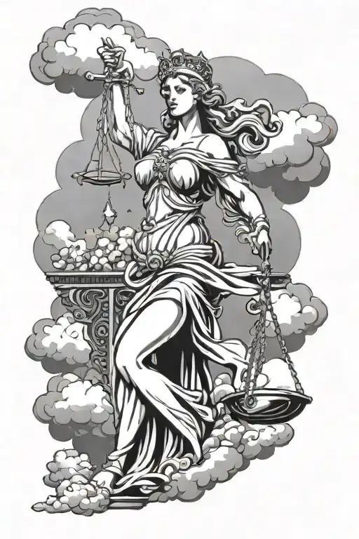 Lady Justice With Sword And Scale With Clouds Behind
