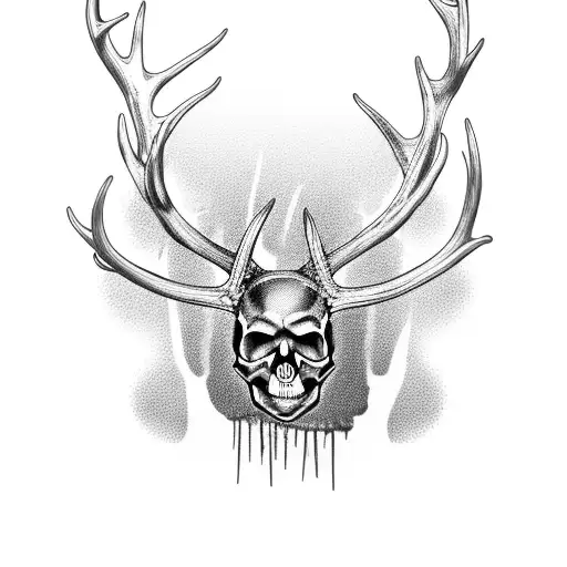 Skull With Deer Antlers Wrapped With Barbed Wire