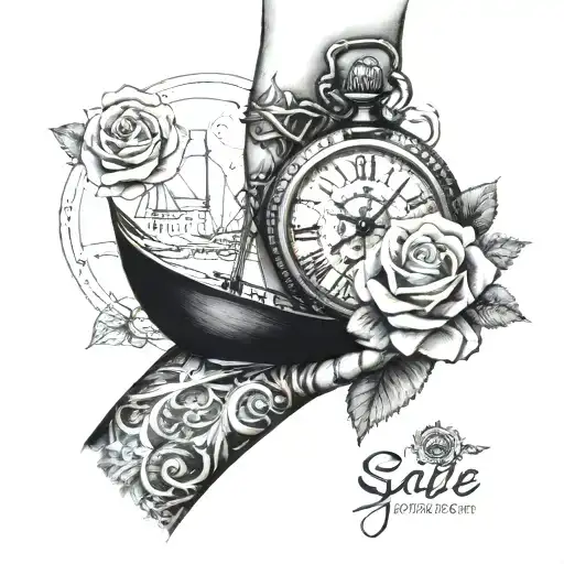 Pocket Watch Wraping Around Arm With Rose Coumpass And Sale Boat