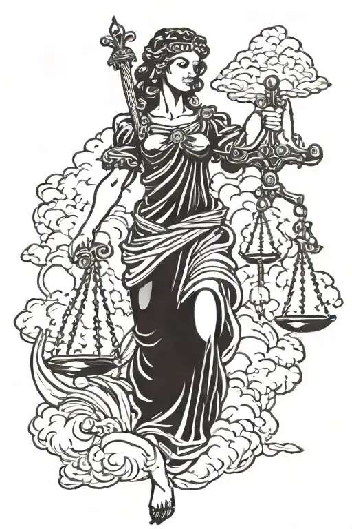 Lady Justice With Sword And Scale With Clouds Behind