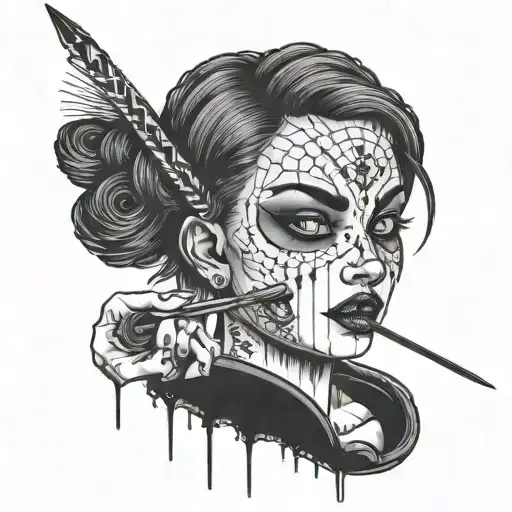 Creepy Face Woman Holding A Piercing Needle